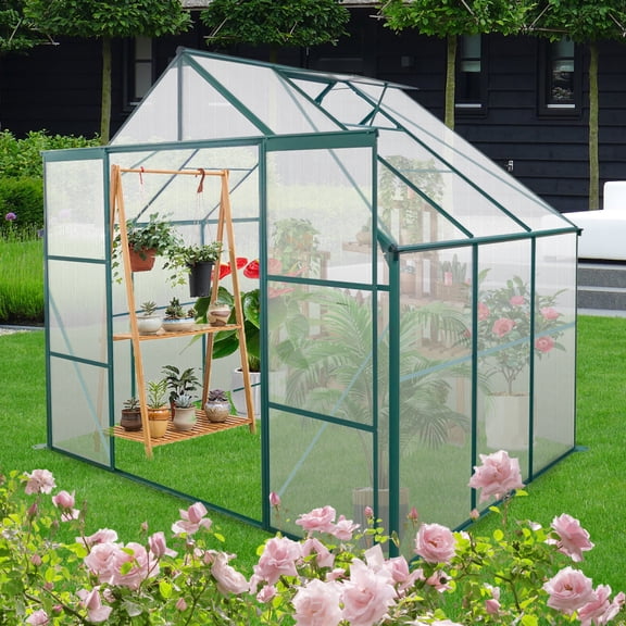 Miekor Furniture 8X6FT-Green Double Door Polycarbonate Greenhouse Raised Base and Anchor Aluminum Heavy Duty Walk-in Greenhouses for Outdoor Backyard in All Season 0027