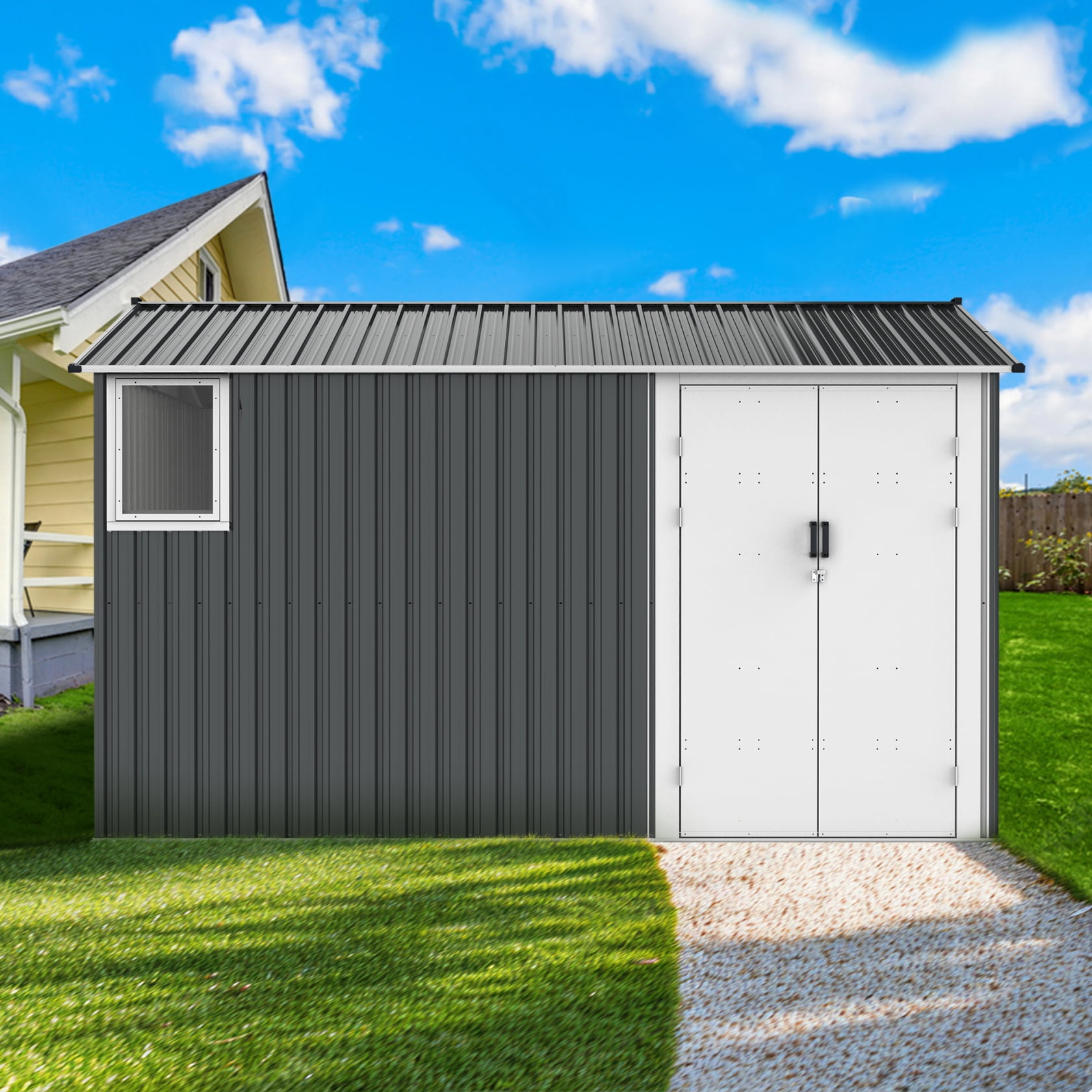 Miekor Furniture 8x12 Ft Metal Outdoor Storage Shed with Window, Floor Base, Air Vents and Double Hinged Door 99475
