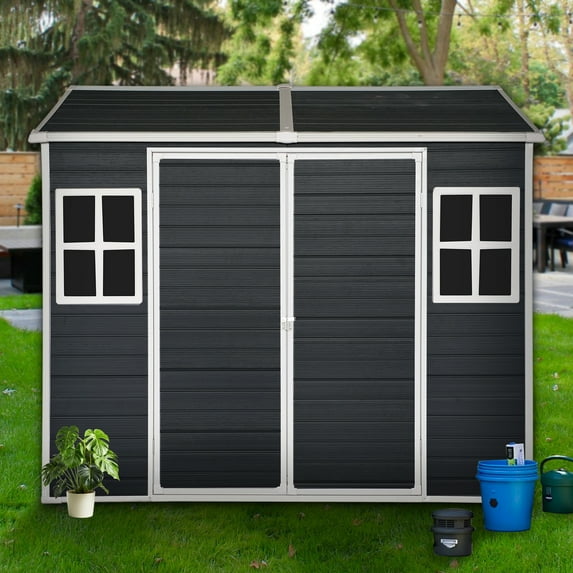 Miekor Furniture 8x6ft Outdoor Resin Garden Shed with Floor and 2 Windows, Plastic Patio Outdoor Storage Shed with Lockable Door for Garden Tools, Bicycles, Trash Cans, Carbon Black 0002