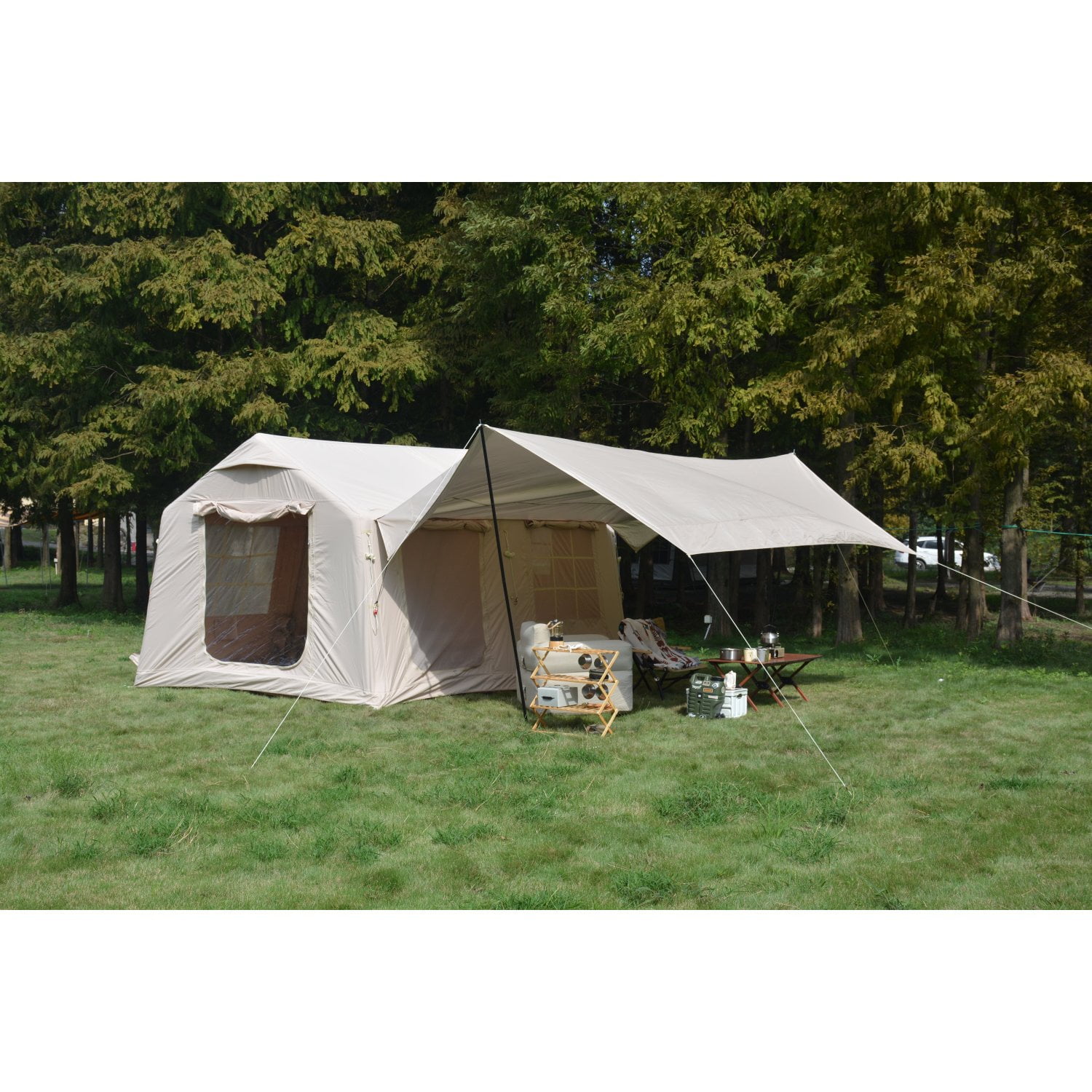 Miekor Furniture 9.8 x13ft with canopy, Inflatable Camping Tents with Hand Pump, Air Glamping Tents, Easy Setup Waterproof and Windproof Blow up Tent Beige 33201