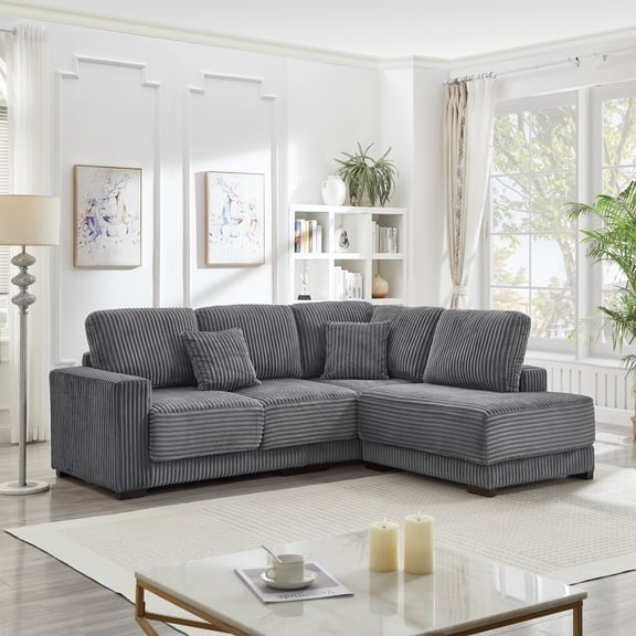 Miekor Furniture 93" Sectional Sofa, L Shaped Sofa Couch with Reversible Chaise Lounge, Upholstered Soft Corduroy Couch for Living Room, Apartment (Grey) No.4217