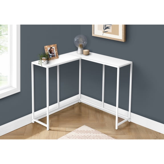 Miekor Furniture Accent Table, Console, Entryway, Narrow, Corner, Living Room, Bedroom, White Laminate, White Metal, Contemporary, Modern No3644