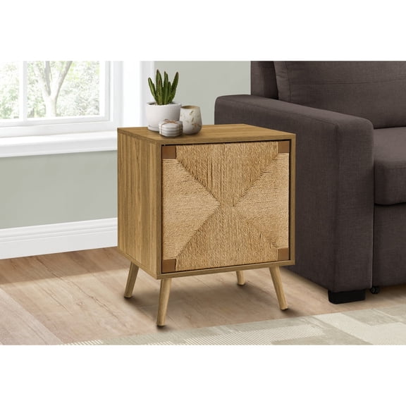 Miekor Furniture Accent Table, End, Storage, Small, Side, Living Room, Lamp, Light Walnut Laminate, Seagrass, Modern No3266