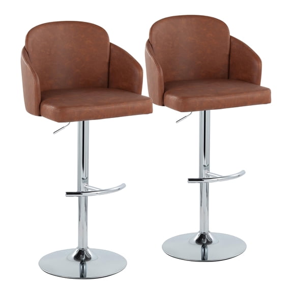 Miekor Furniture Adjustable Barstool in Chrome Metal and Camel Faux Leather with Chrome Metal Accent and Round Metal Footrest - Set of 2 No.7175