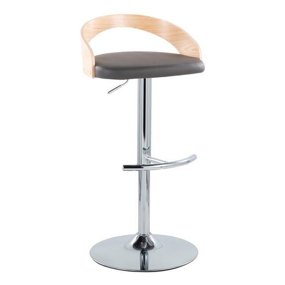 Miekor Furniture Adjustable Barstool with Swivel in Chrome Metal, Natural Wood and Grey Faux Leather with Rounded T Footrest - Set of 3 No.7324