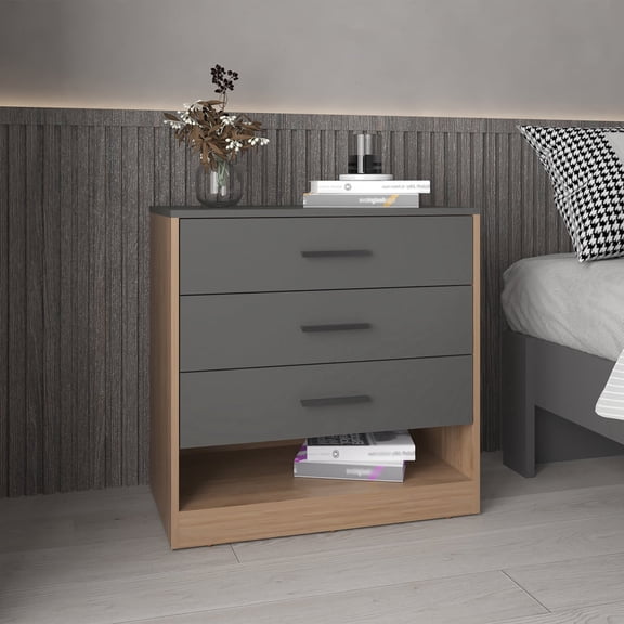 Miekor Furniture Alder 27" High Three Drawer Dresser And Open Shelf, Bedroom, Entryway, Side Board, Matte Gray - Natural Oak No0847