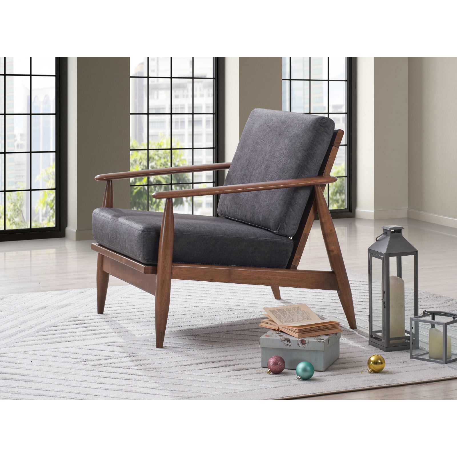 Miekor Furniture Alisa Accent Chair, Charcoal Fabric & Brown Finish