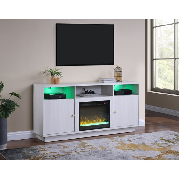 Miekor Furniture Ambrose 70" W White Walnut Finish Fireplace Console TV Stand with Heater, LED Light, Cabinets, Shelves MK2348
