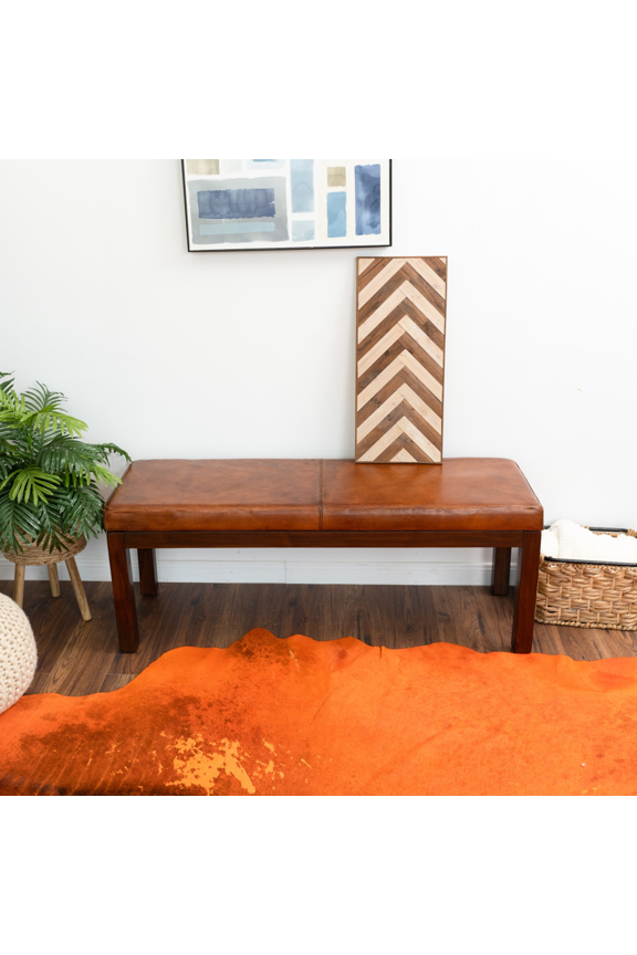 Furniture Austin Antique Tan Leather Bench with Lines 57207