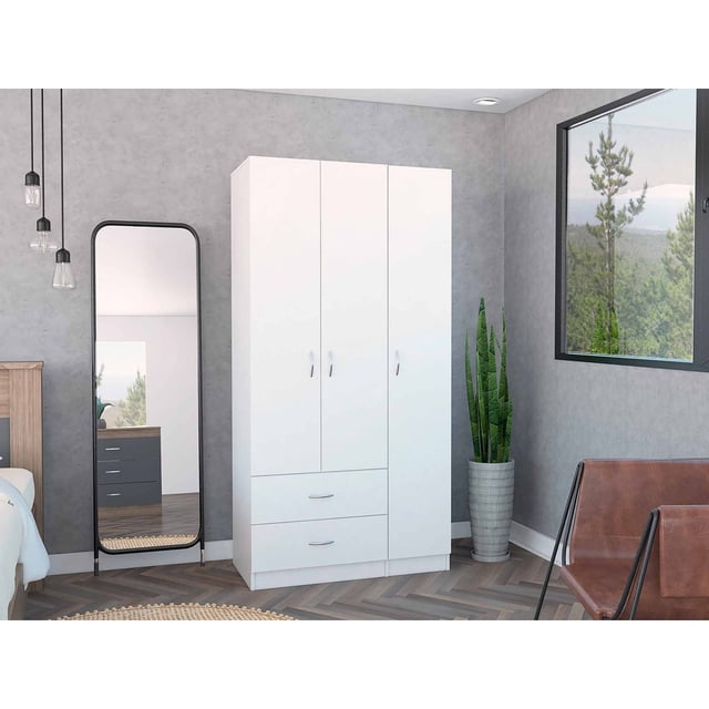 Austral 3 Door White Armoire Wardrobe with Drawers, Shelves, and Hanging Rod