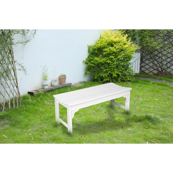 Miekor Furniture Backless HDPE Adirondack Bench with Wood Texture, Poly Lumber Seat for Patio, Backyard, Balcony, All Weather Resistant with UV Protection, White 03921