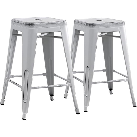 Miekor Furniture Backless Modern Light Weight Industrial Contemporary Rustic Vintage Costal Metal Bar Stools Without Back and 4 Leg Design (Set of 2) (24" Seat, Distressed White) No.6084