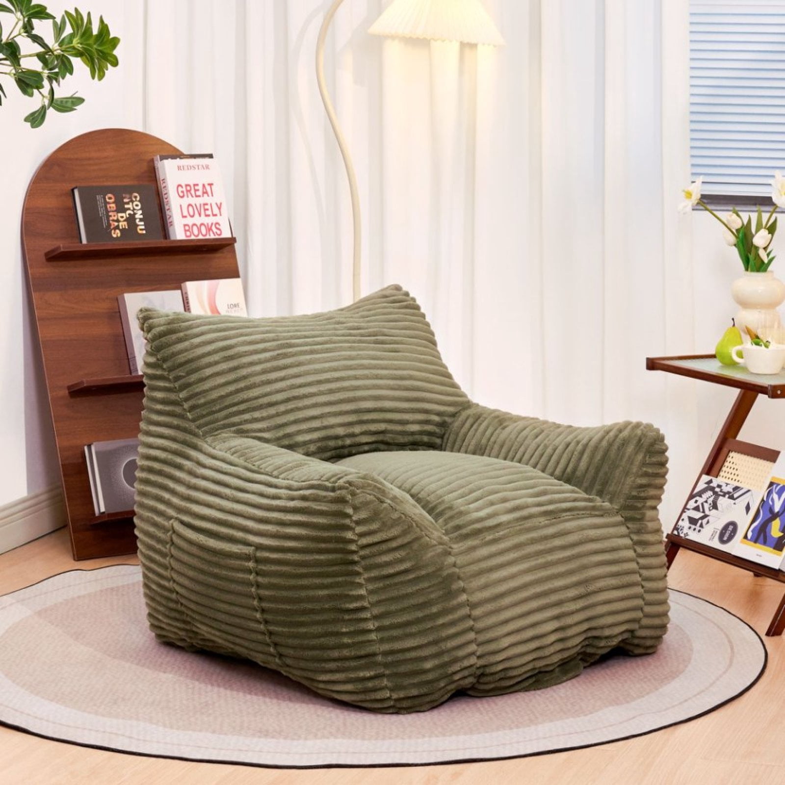 Miekor Furniture Bean Bag Chair for Adults with Armrests - Oversized Comfy Beige Beanbag Lounge Lazy Floor Sofa Chair for Living Room, Bedroom & Dorm, Cozy Fluffy Single Cloud Mini Couch No.2066