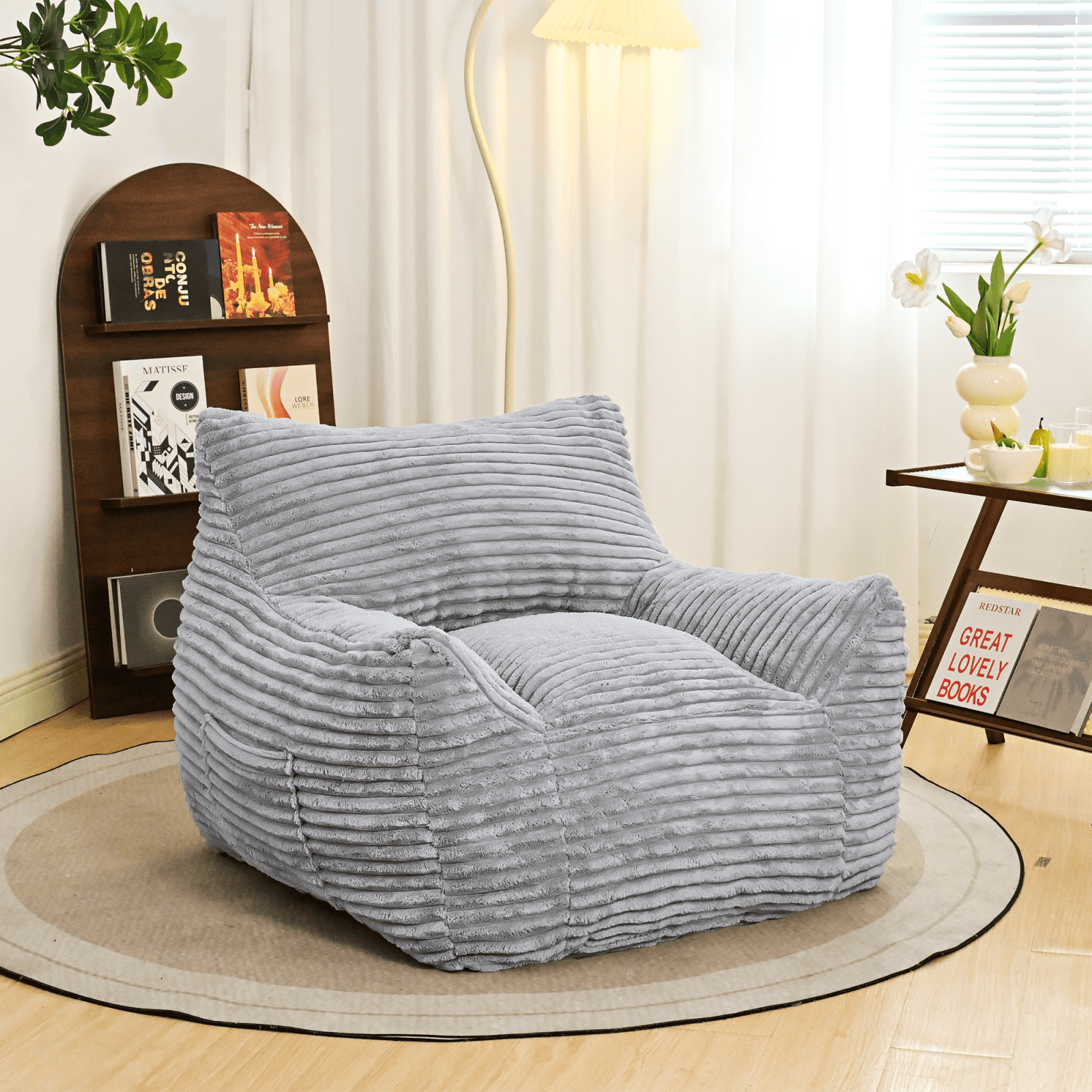 Miekor Furniture Bean Bag Chair for Adults with Armrests - Oversized Comfy Beige Beanbag Lounge Lazy Floor Sofa Chair for Living Room, Bedroom & Dorm, Cozy Fluffy Single Cloud Mini Couch No.2127