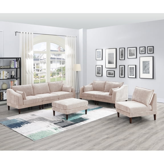 Miekor Furniture Beautiful 6pcs Modular Sofa Set 4x One Arm Chairs 1x Armless Chair 1x Ottoman Living Room Furniture Blush Pink Morgan Fabric 46872