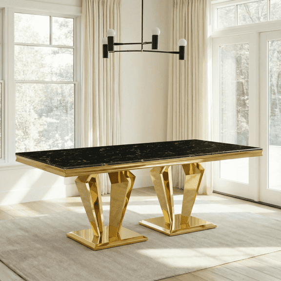 Miekor Furniture Black Gold MDF Marble Top Dining Table with 66.9" Polished Stainless Steel with Diamond-Shaped Base, Modern Large Long Dining Room Table No.6751