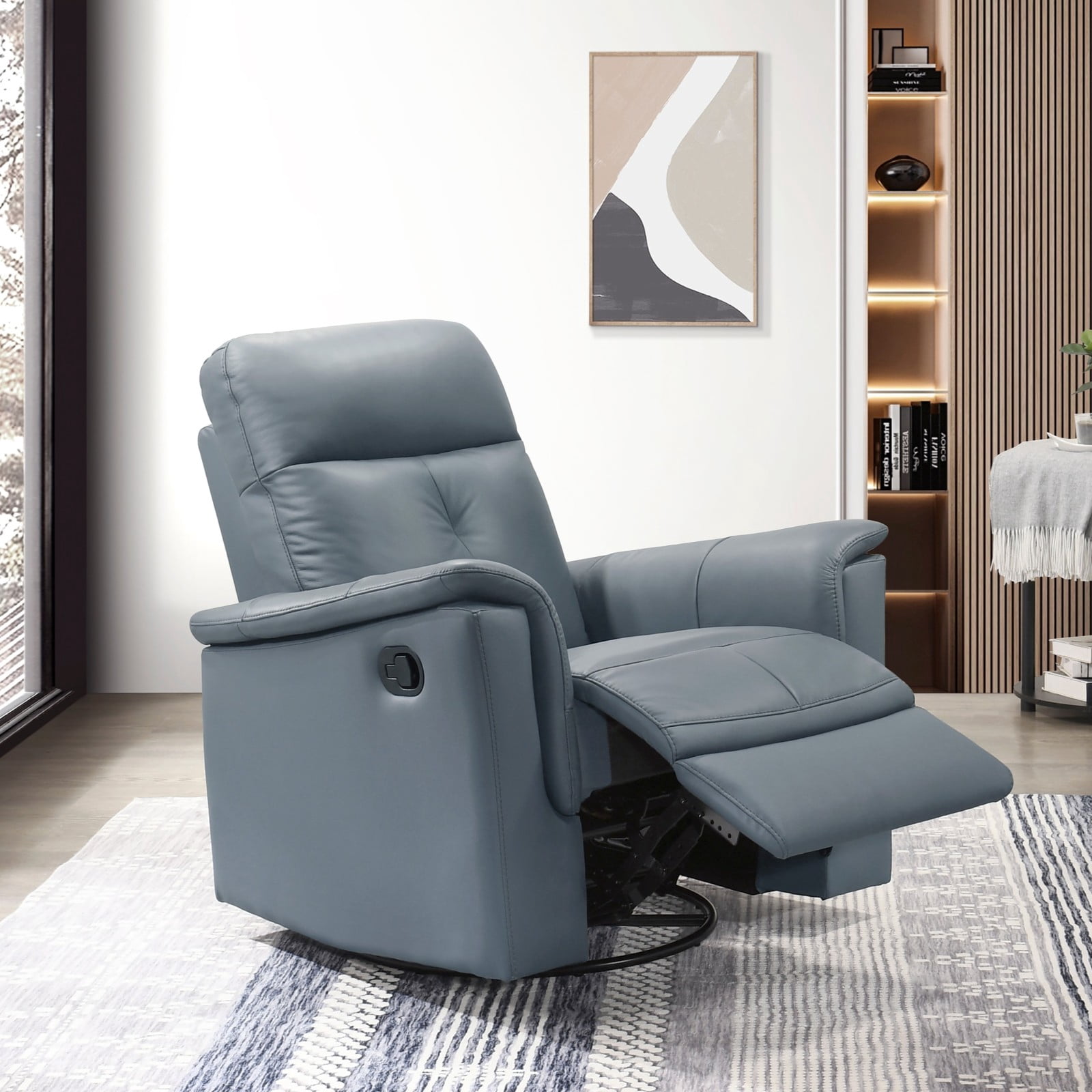Miekor Furniture Blue Gray Leather Upholstered Reclining Chair Swivel ...