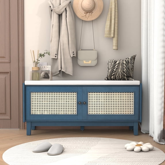 Miekor Furniture Boho Rattan Entryway Bench with Storage, Cushioned Shoe Bench with Double Doors, Wooden Shoe Organizer Bench for Entryway and Hallway (Antique Navy+Beige ) No1149