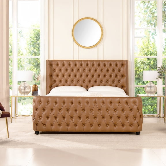 Miekor Furniture Brooklyn King Tufted Panel Bed Headboard and Footboard Set, Caramel Tan Brown Faux Leather No7308
