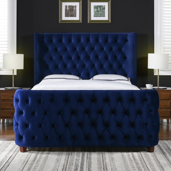 Miekor Furniture Brooklyn King Tufted Panel Bed Headboard and Footboard Set, Navy Blue Velvet No.9852