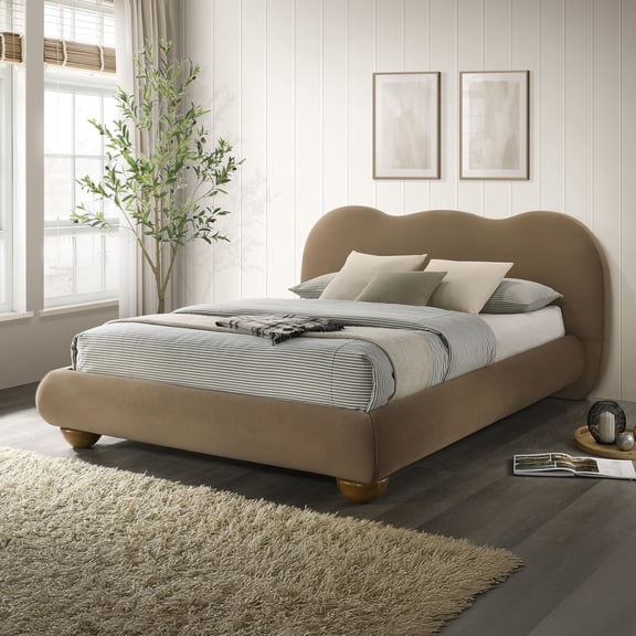 Miekor Furniture Brown Color 1pc Eastern King Size Bed Boucle Upholstered Round Bun Wood Feet Bedroom Furniture No0866