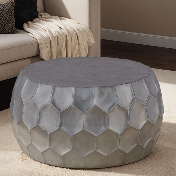 Miekor Furniture CT101 Modern Contemporary Round Aluminum material 32" Coffee Table, Farmhouse Table with Glossy Diamond-Patterned Base Antique Silver MK9555
