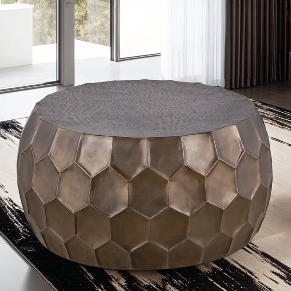Miekor Furniture CT101 Modern Contemporary Round Aluminum material 32" Coffee Table, Farmhouse Table with Glossy Diamond-Patterned Base Gold MK6116