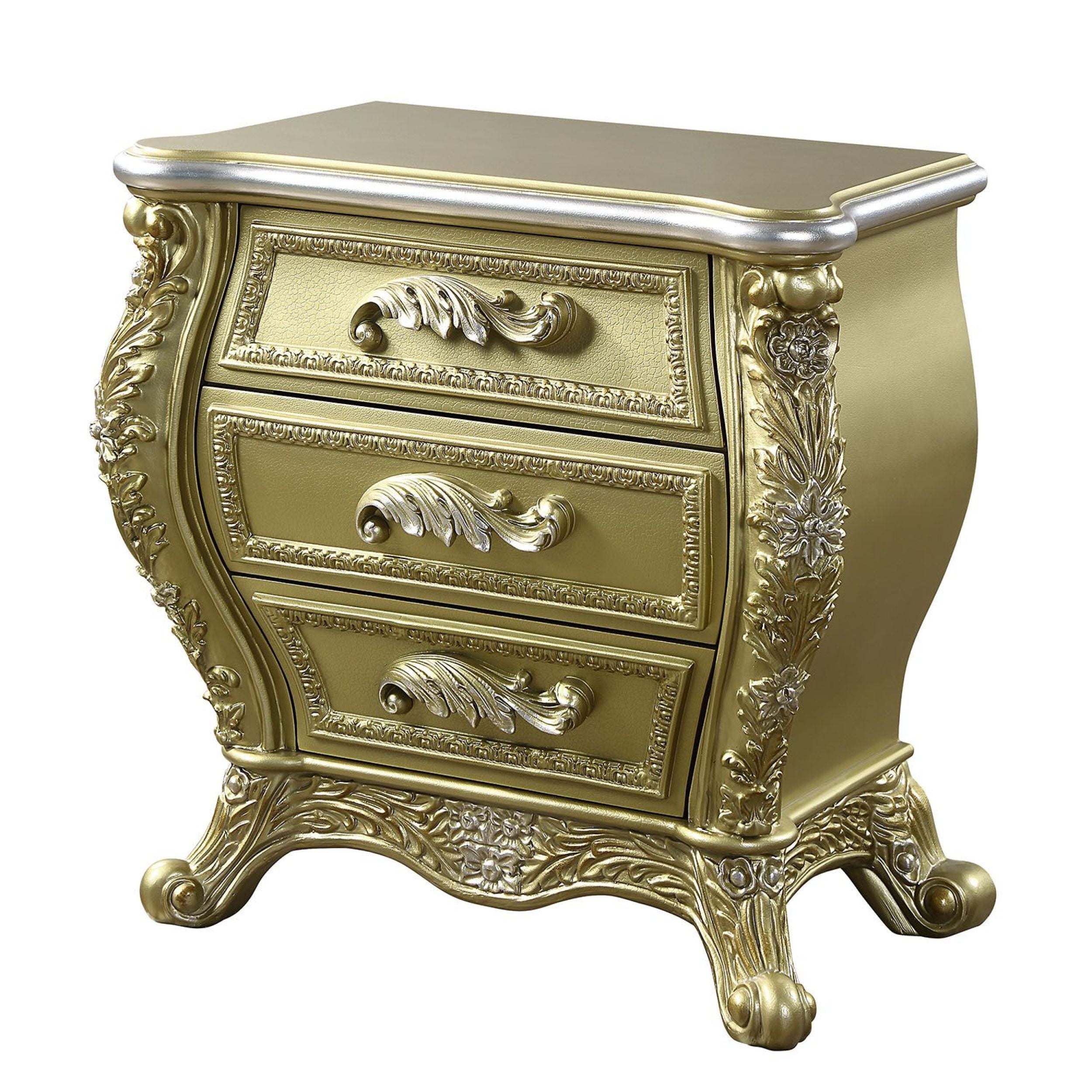 Gold Finish 3-Drawer Cabriole Nightstand with Floral Motifs