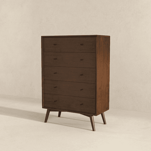 Miekor Furniture Caroline Mid Century Modern 5-Drawer Solid Wood Dresser in Dark Brown 47.2"H x 31.5"W X 15.7"D for Bedroom, Living Room, Hallway 35037