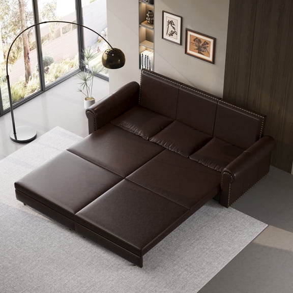 Miekor Furniture Chesterfield Sofa,93.7" King Pull Out Sofa Bed, 3-in-1 Faux Leather Convertible Sleeper Sofa with Nailhead Trim & Rolled Arm,Multi-Functional Sofa Bed,Dark Brown No1953