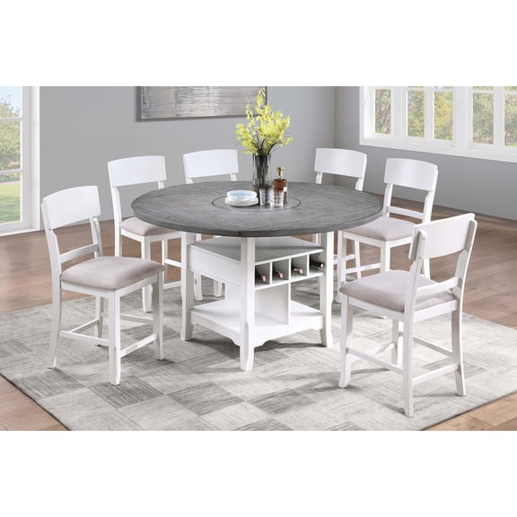Miekor Furniture Classic 7pc Counter Height Dining Set Antique White Gray Table w Lazy Susan Built-in Leaf 6x High Chairs Kitchen Dining Room Storage Space Furniture MK5511
