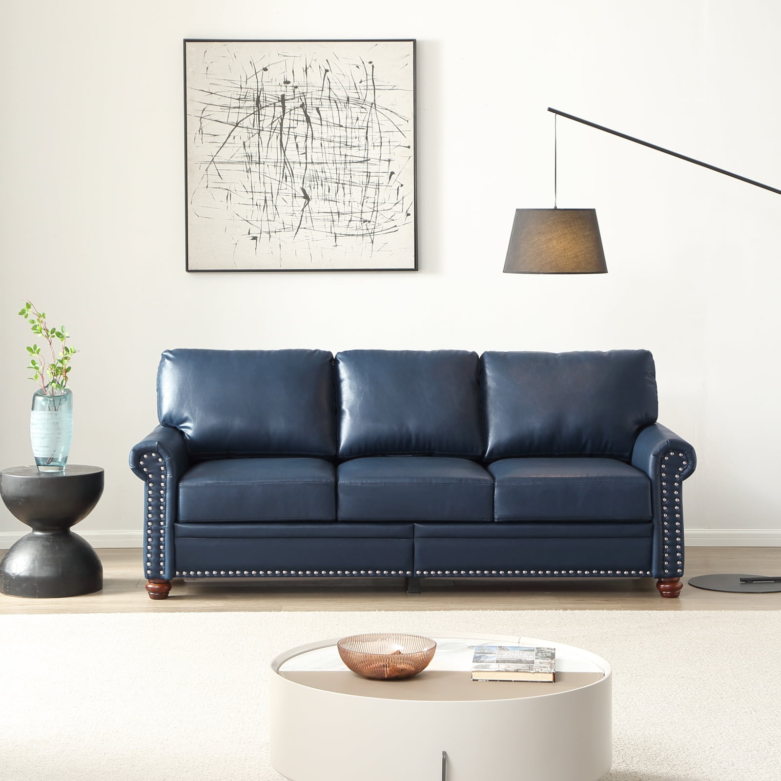 Miekor Furniture Classic Living Room Round Arm with Silver Nails Sofa Navy Blue Faux Leather 62168