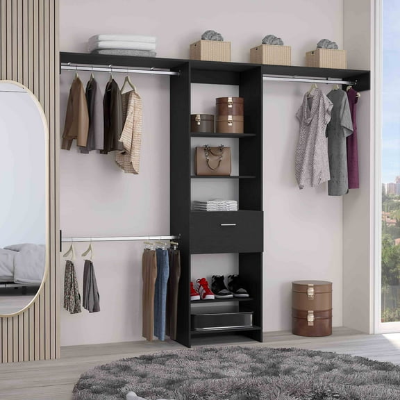Miekor Furniture Closet System, One Drawer, Three Metal Rods, Five Open Shelves, Black 0167