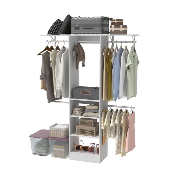 Miekor Furniture Closet System, Walk-In Organizer with Adjustable Shelves & 5 Expandable Rods, 3-5Ft, White No.4218