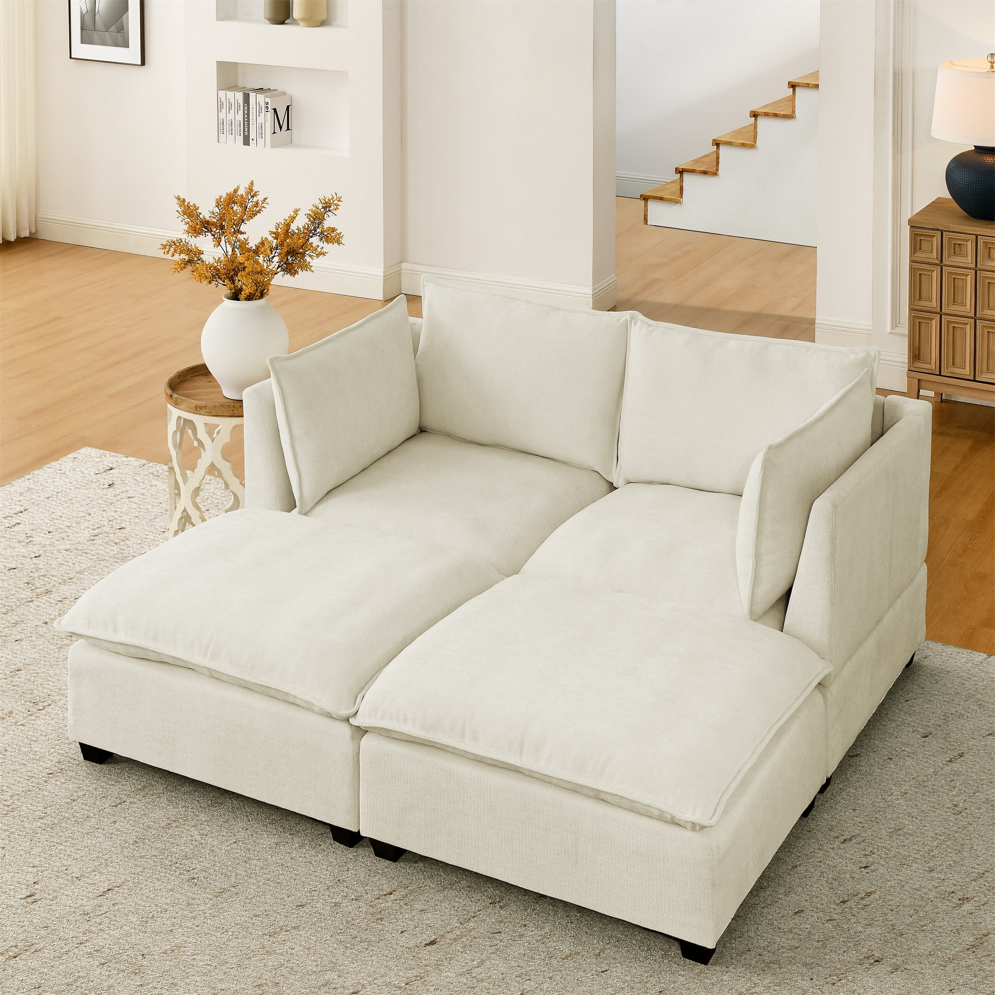 Miekor Furniture Comfy Cloud Couch loveseat with 2 Ottoman, Modern Chenille Love Seat Upholstered Modular Couch Sleeper for Living Room, Apartment, Studio, Office(Beige White) 54002