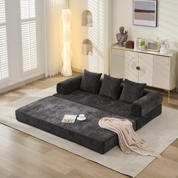 Miekor Furniture Comfy Convertible Folding Mattress Couch, Floor Sofa Bed, Chenille Floor Sofa with Armrest, Floor Sofa Lounge Couch for Living Room Bedroom Lounge Studio-Black No9026