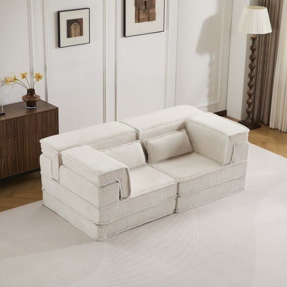 Miekor Furniture Compression Sofa,Convertible Floor Sofa Bed,DIY Boneless Modular Sectional Sofa,No Assembly Required,Circle fleece fabric,Modern Oversized Loveseat,White No.0501