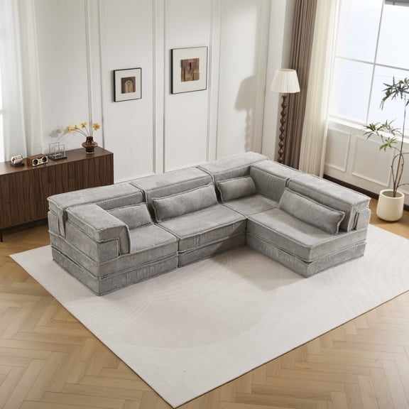 Miekor Furniture Compression Sofa,Convertible Floor Sofa Bed,DIY Boneless Modular Sectional Sofa,No Assembly Required,Circle fleece fabric,Oversized 4 Seater with 4 Pillows,Light-grey No.4588