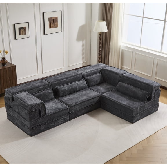 Miekor Furniture Compression Sofa,Convertible Floor Sofa Bed,DIY Boneless Modular Sectional Sofa,No Assembly Required,Circle fleece fabric,Oversized 4 Seater with 4 Pillows,Dark-grey No.4232