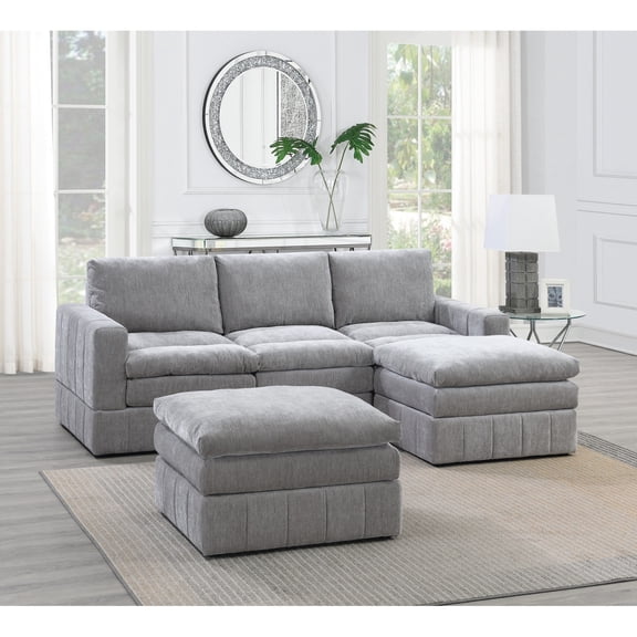 Miekor Furniture Contemporary 5pc Set Modular Sectional Set 2x One Arm Chair / Wedge 1x Armless Chair 2x Ottoman Granite Color Morgan Fabric Plush Living Room Furniture W5U469
