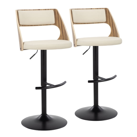 Miekor Furniture Contemporary Adjustable Barstool with Swivel in Black Metal, Zebra Wood and Cream Faux Leather with Rounded T Footrest - Set of 2 No7728