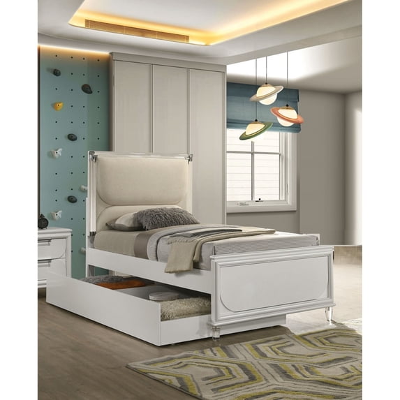 Miekor Furniture Contemporary Glam Pearl White Upholstered Full Size Bed w LED W Trundle Embossed Panel 1pc Bedframe Bedroom Furniture MK2485