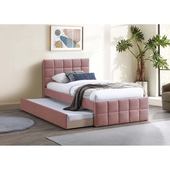 Miekor Furniture Contemporary Style 1pc Full Size Bed w/ Trundle Upholstered Headboard And Footboard Grid Pattern Light Pink Finish Bedroom Furniture No0763