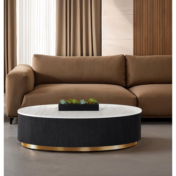 Miekor Furniture Contemporary Style 1pc Oval Cocktail Table Marble Top Gold Accent Plinth Base Black White And Gold Finish Primary Living Room No7418