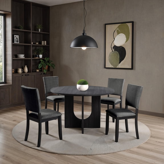 Miekor Furniture Contemporary Style 5pc Dining Set Kitchen Dinette Dark Gray Upholstered Fabric Chairs Round Table Pedestal Base Table 4x Side Chairs Dining Room No1932