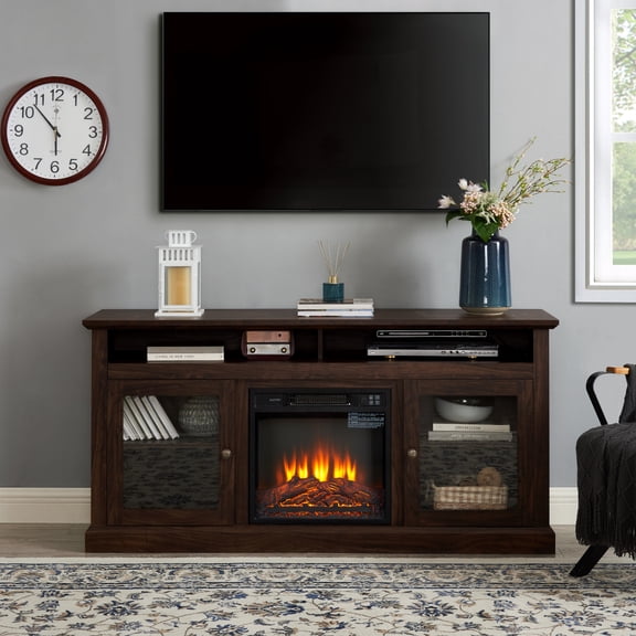 Miekor Furniture Contemporary TV Media Stand Modern Entertainment Console with 18" Fireplace Insert for TV Up to 65" with Open and Closed Storage Space, Brown, 60"W*15.75"D*29"H No5517