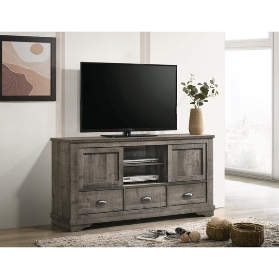 Miekor Furniture Contemporary TV Stand 1pc Weathered Wood Finish Metal Hardware Sliding Doors Open Shelves Lower Drawers Wooden Living Room Furniture Dark Gray No.6674