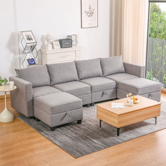 Miekor Furniture Convertible Modular Sectional Sofa Couch with Storage Seat U Shaped 4-Seat Sofa Couch with Reversible Chaise Modular Sectional Fabric Dark Grey 47912
