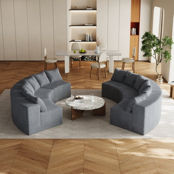 Miekor Furniture Corduroy Curved Sectional Foam Sofa With 12 Pillows,Curved Symmetrical Modular Semi Circular Sofa Sectional (Six Modules) 06279