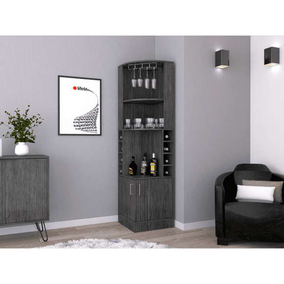 Miekor Furniture Corner Bar Cabinet 71" H, With Two Shelves At The Top, 1 Glass Holder, 8 Exterior Bottle Racks, 1 Central Shelf And A Lower Drawer With 2 Side Doors, Smoke Oak 32994